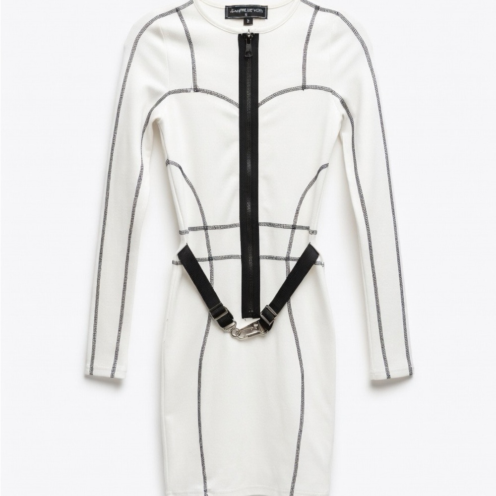 Manière De Voir White Waist Snatching Bodycon Zip Front Mid Dress- Size Small
